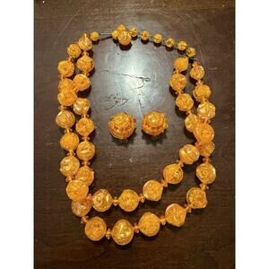 Vintage 1960s Austria Made Acrylic Orange Tangerine Bead Necklace & Earring Set